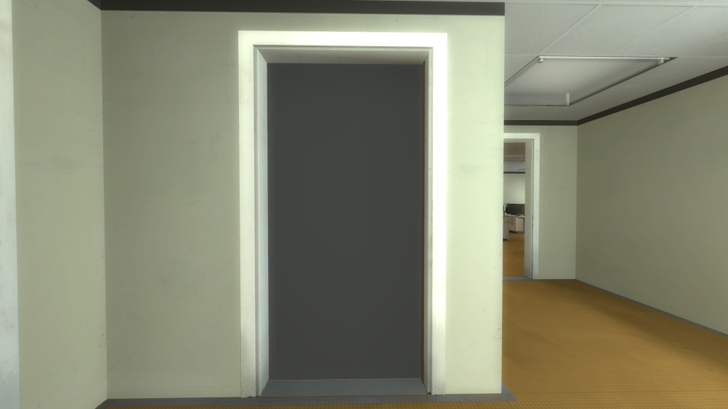 An empty office doorframe on the corner of a corridor, in the frame is  blank grey space.
