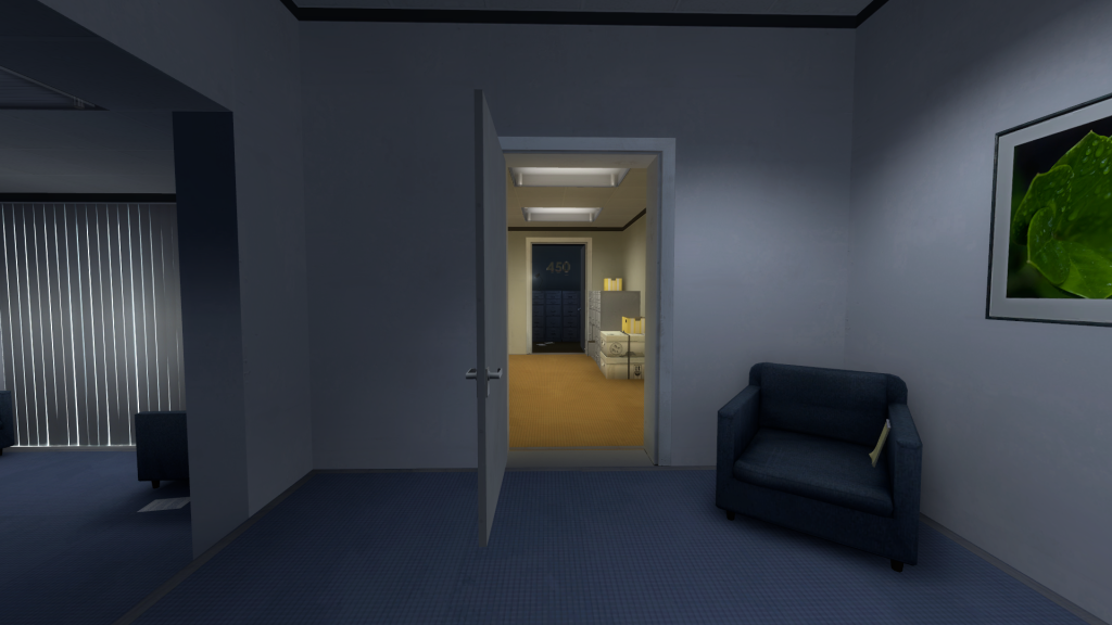 an open door from a blue carpeted lounge looking onto office corridor and another open door to a dark room, with the number 450 hovering in the air