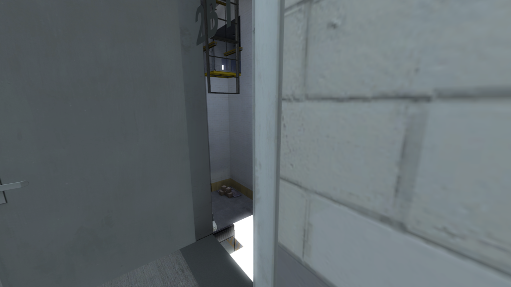 close up on vision through open door 2B1, appears to open onto a void space that allows other rooms to be seen. In this case the floor of the warehouse, a metal gangway and the level above it.