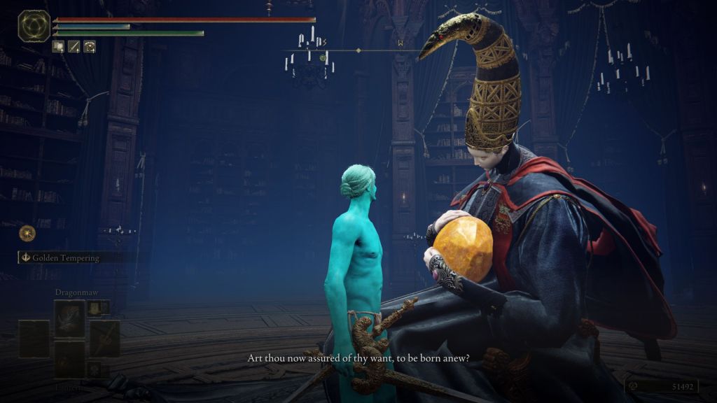 game screenshot, a blue person stands in front of a giant holding an orb in a library, the giant says: art thou now assured of thy want to be born anew