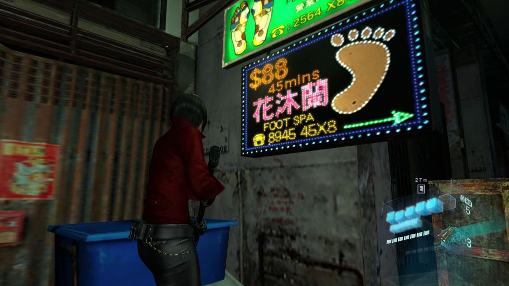 screenshot of game: woman with gun stand in front of neon sign in dark alley advertising a foot spa